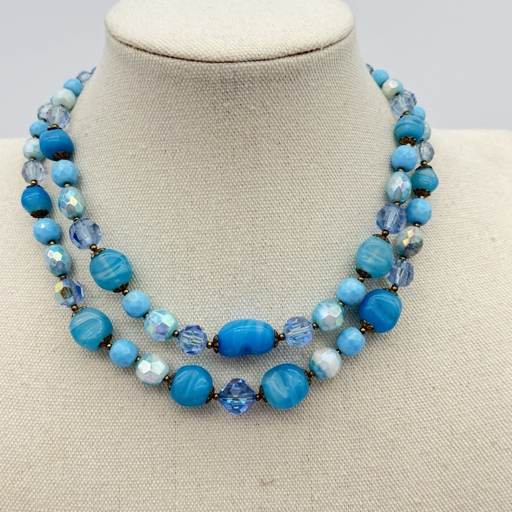 Vintage Czech Glass Necklace Blue Pinched Double Strand Choker Collar Heavy